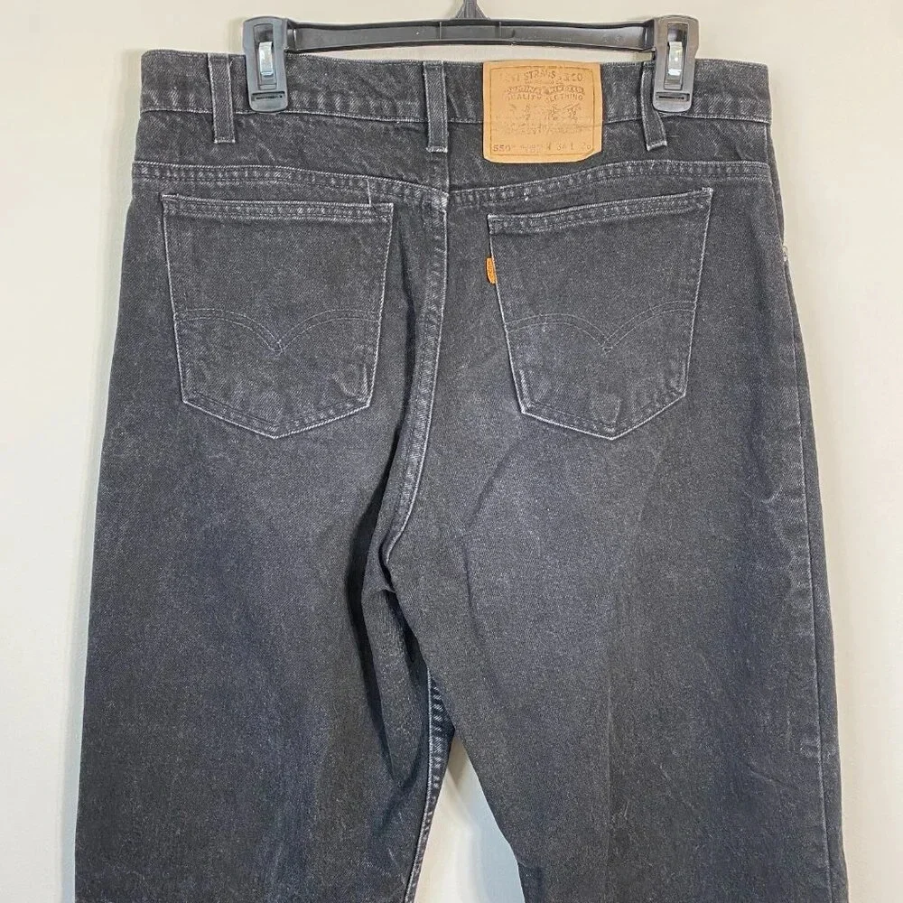 Vintage Levis 550 Orange Tab Denim Jeans Relaxed Fit Men's 34x32 Black Raw Hem
